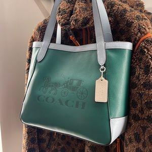 Coach Tote In Colorblock With Horse And Carriage Green Multi Color